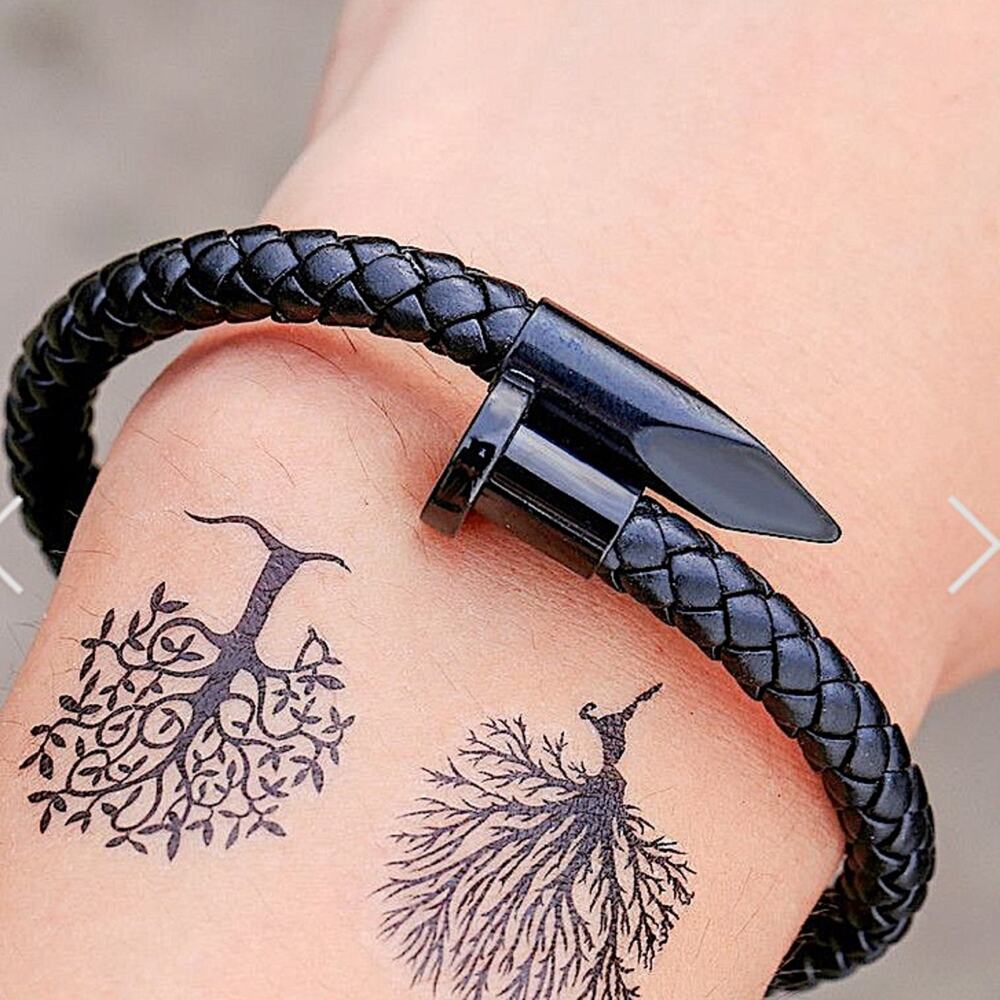 Black Leather Nail Magnetic Bracelet, Braided, Unisex